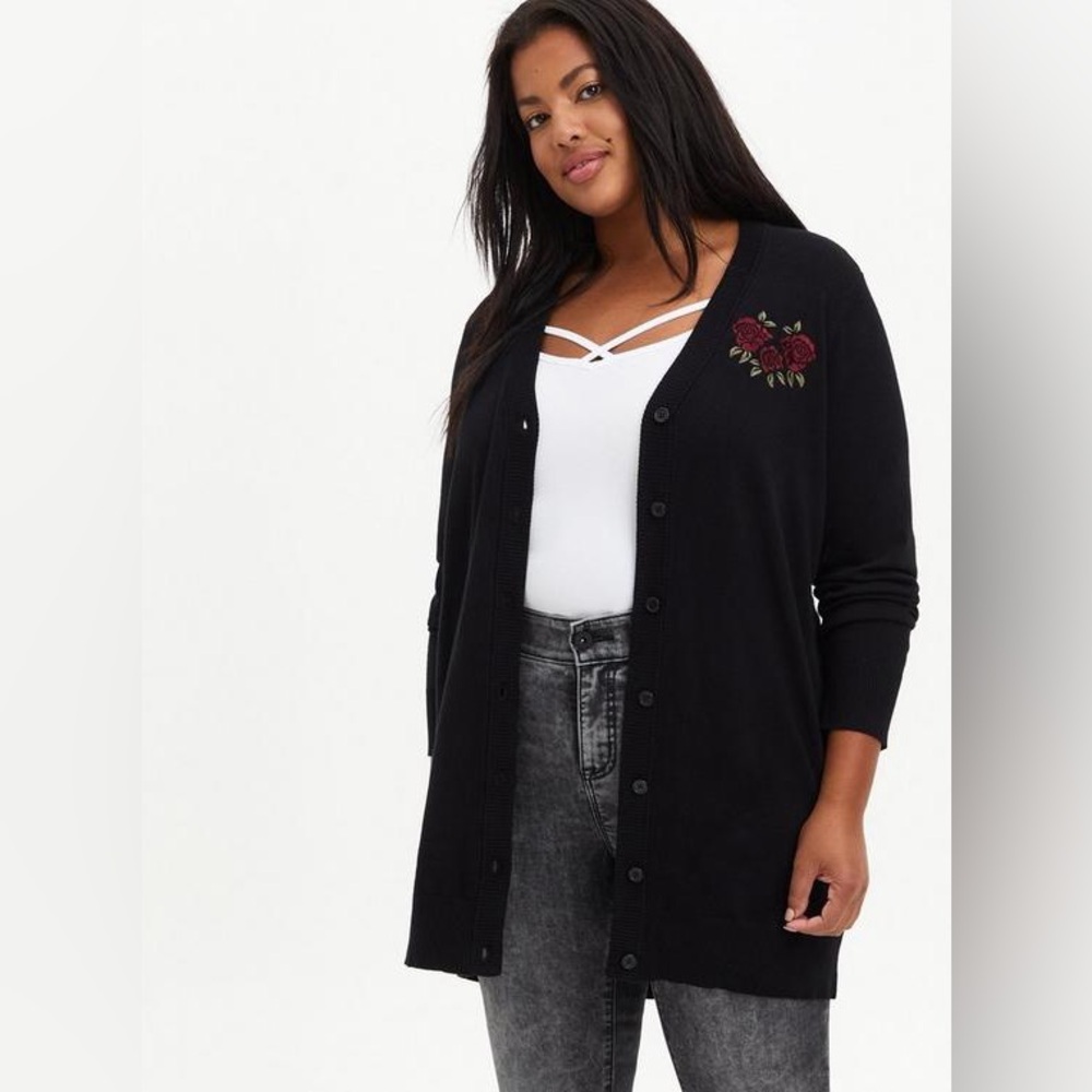 Torrid Black Button-Front Cardigan with Rose Embroidery and Skull on back